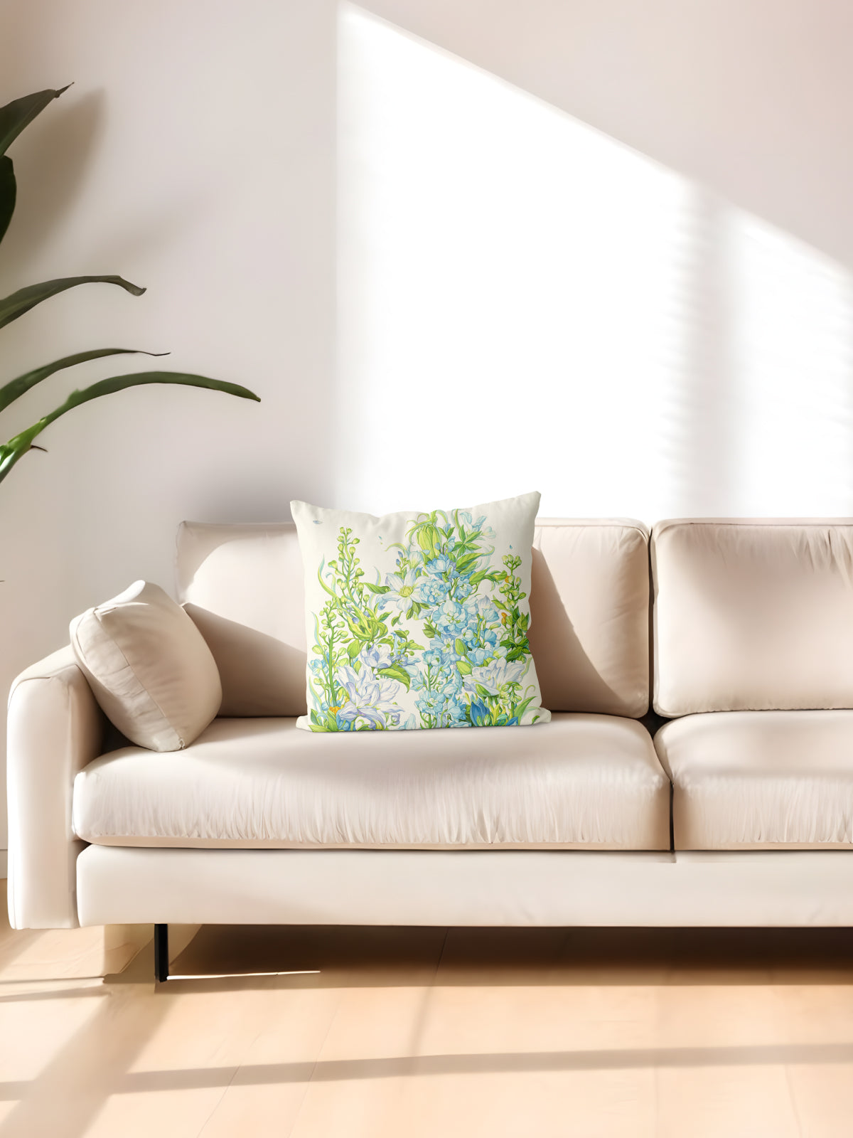 Blue Floral Throw Pillow, Watercolor Flower Cushion for Home Decor - Decorative Throw Pillow (Angle 2) | ttoo art