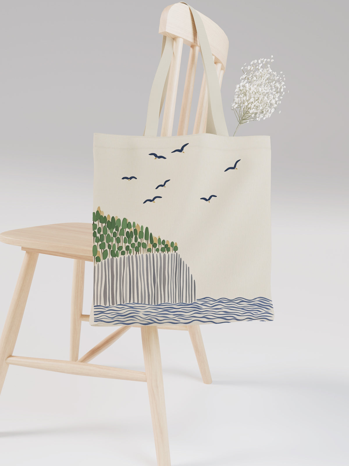 Coastal Cliff and Birds Tote Bag, Nature - Inspired Canvas Tote - Canvas Carry Tote Bag (Angle 2) | ttoo art