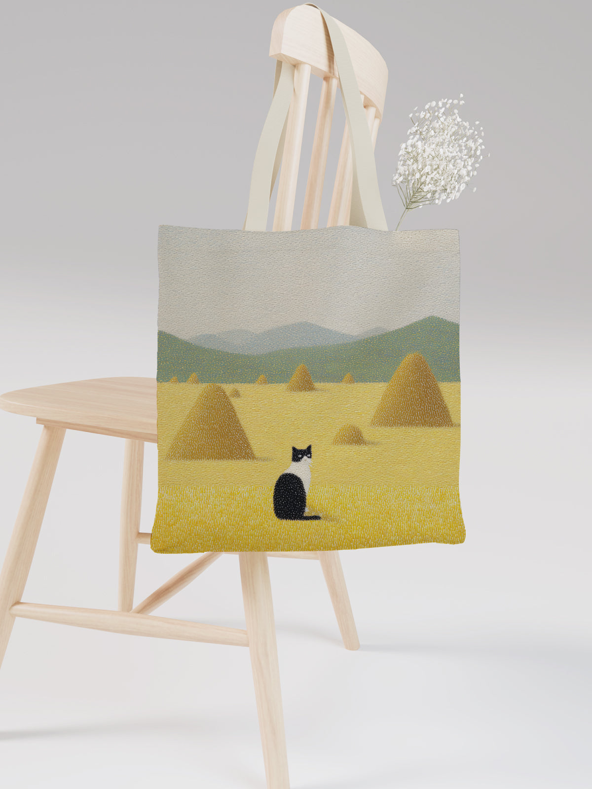 Cat in Field Tote Bag, Countryside - Inspired Canvas Tote - Canvas Carry Tote Bag (Angle 2) | ttoo art