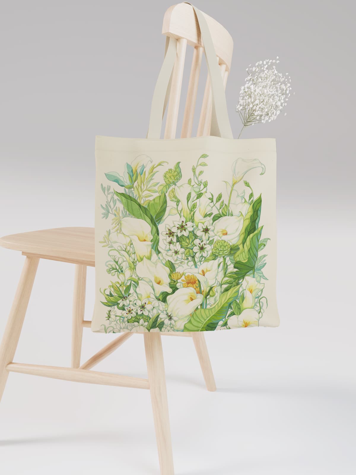 White Floral Canvas Tote Bag, Elegant Calla Lily Print Shoulder Bag for Daily Use - Canvas Carry Tote Bag (Angle 2) | ttoo art