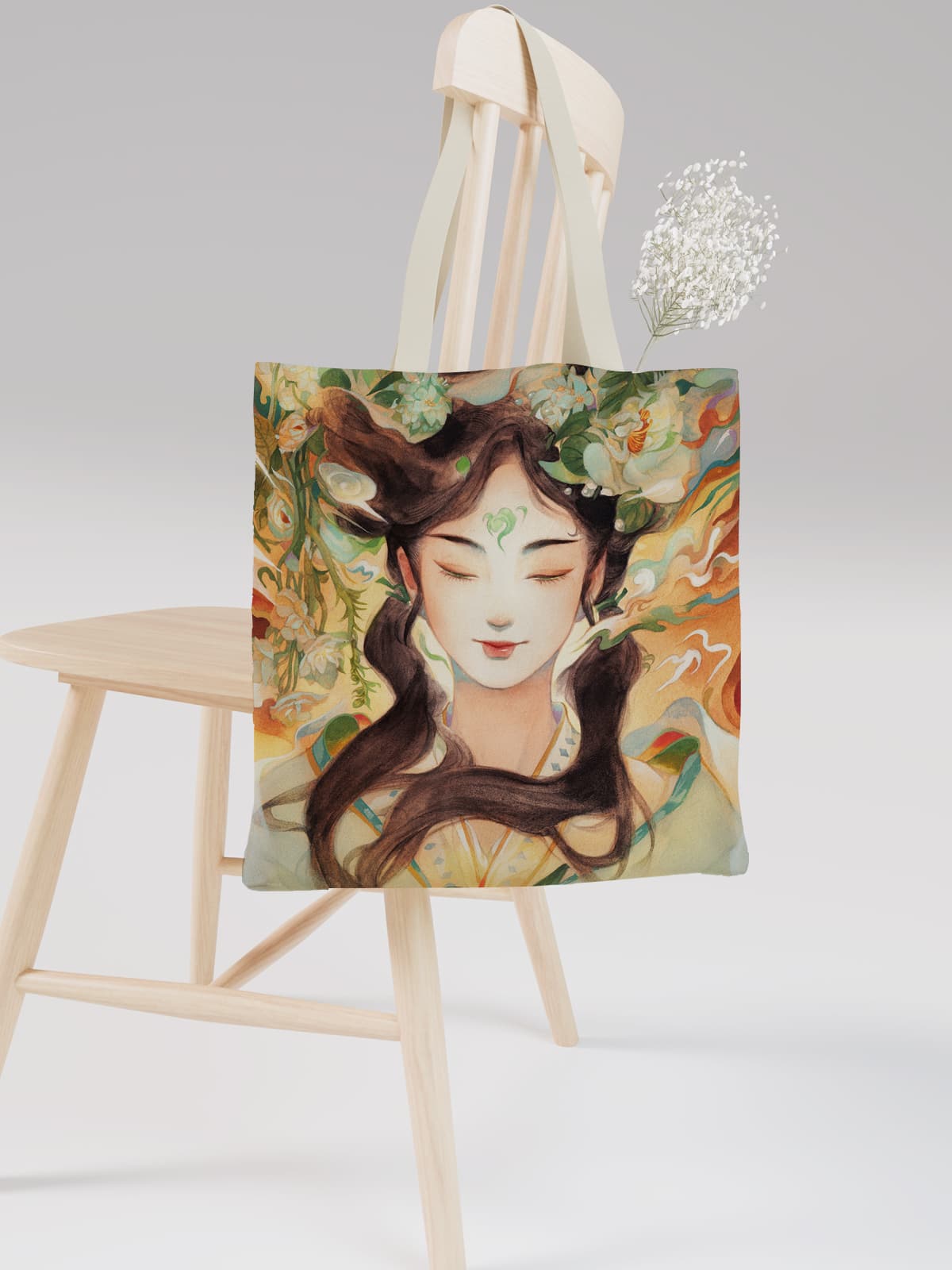 Artistic Woman Portrait Canvas Tote Bag, Boho - Style Floral Girl Shoulder Bag for Daily Use - Canvas Carry Tote Bag (Angle 2) | ttoo art