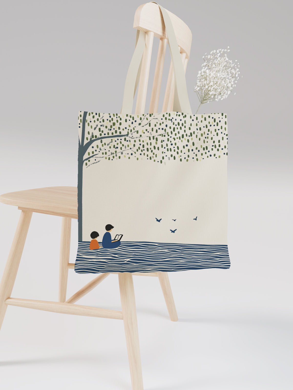 Reading by the Tree Tote Bag, Nature - Inspired Canvas Tote - Canvas Carry Tote Bag (Angle 2) | ttoo art