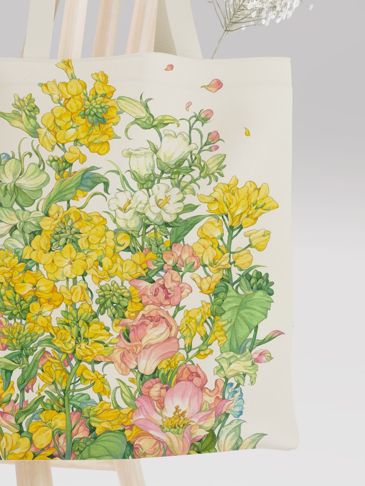 Vibrant Yellow & Pink Floral Canvas Tote Bag, Cheerful Flower Print Shoulder Bag for Daily Use - Canvas Carry Tote Bag (Angle 3) | ttoo art