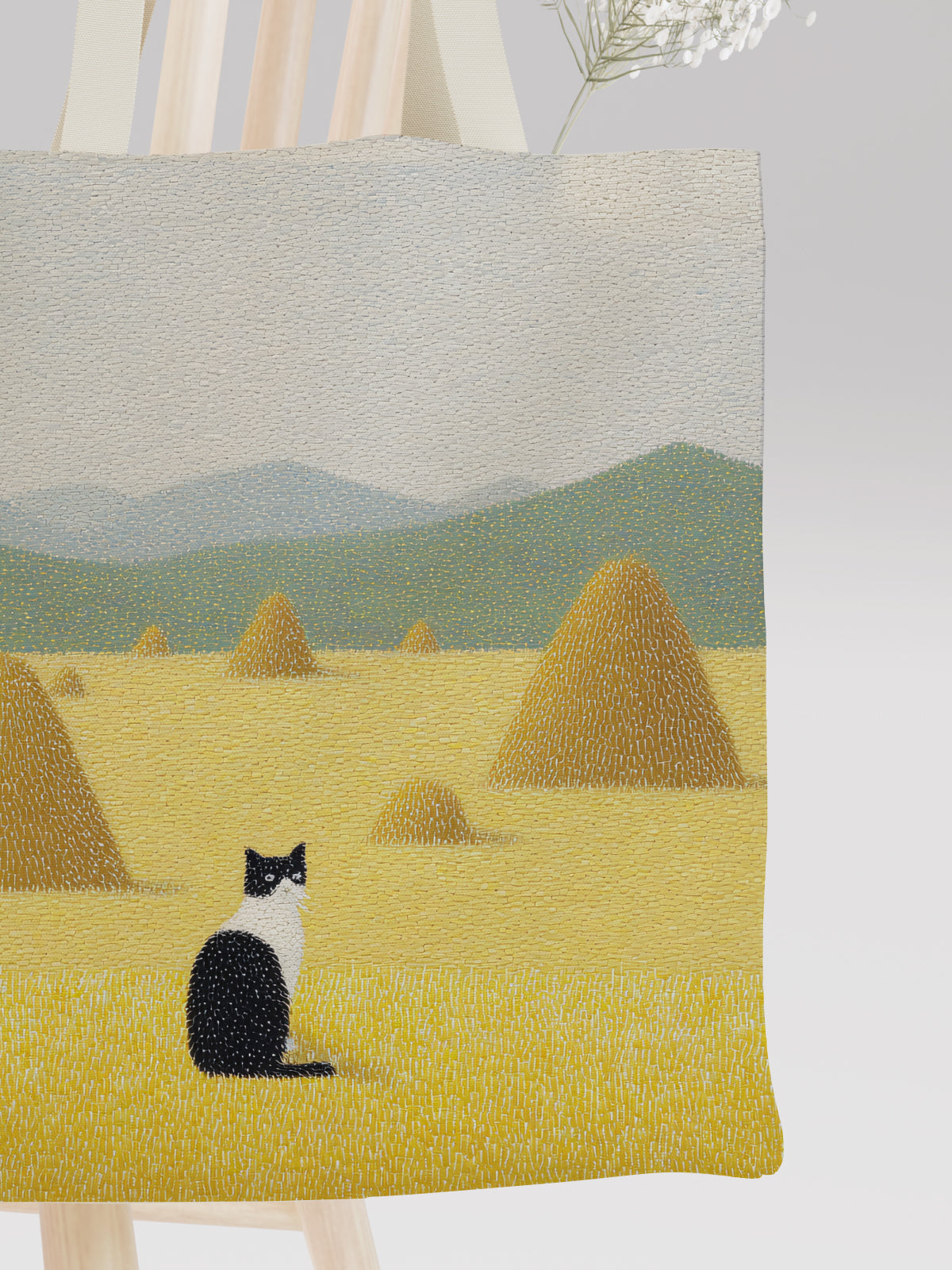 Cat in Field Tote Bag, Countryside - Inspired Canvas Tote - Canvas Carry Tote Bag (Angle 3) | ttoo art