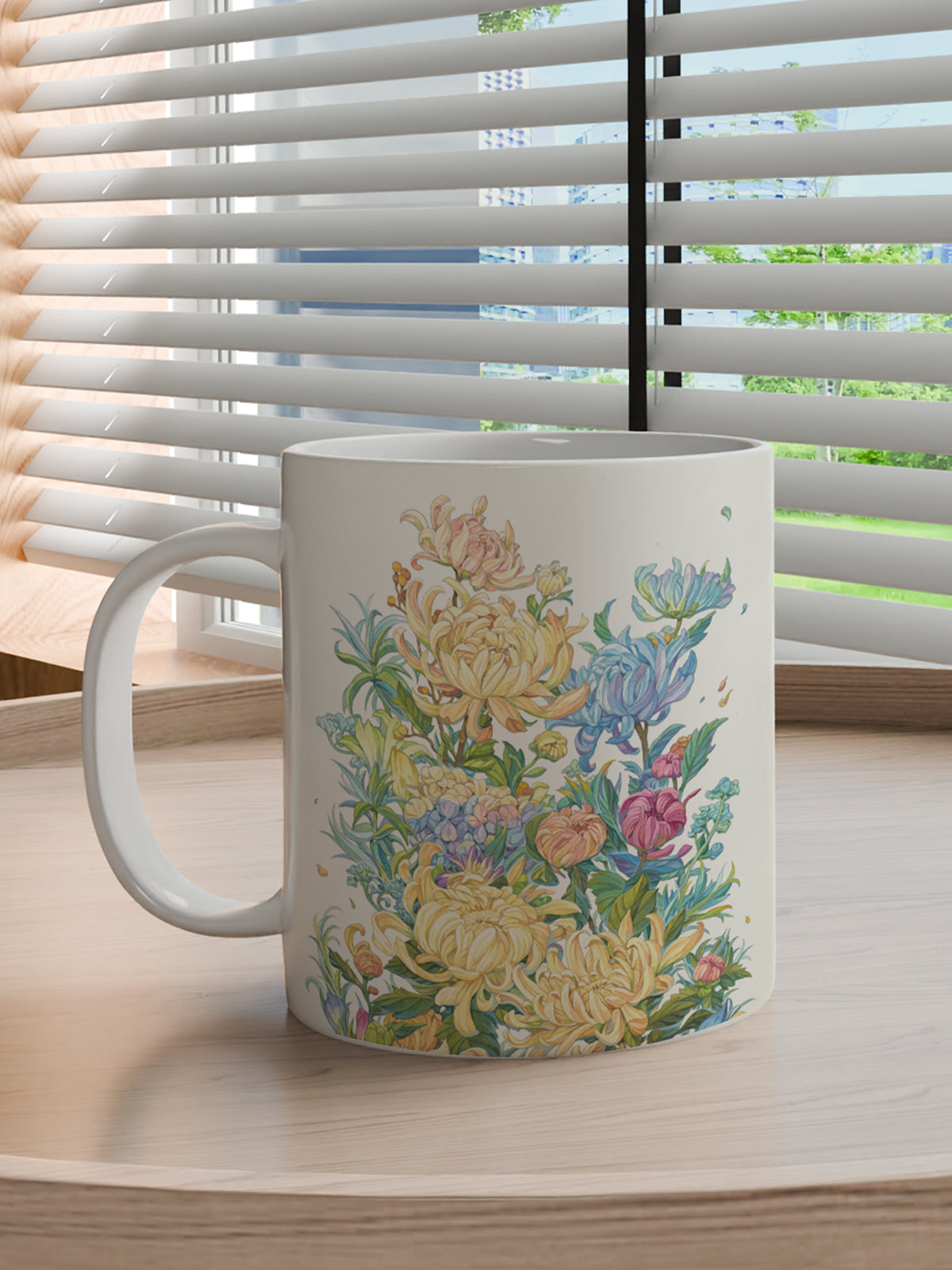 Floral Coffee Mug, Watercolor Chrysanthemum Ceramic Mug for Home - Ceramic Art Coffee Mug (Angle 3) | ttoo art