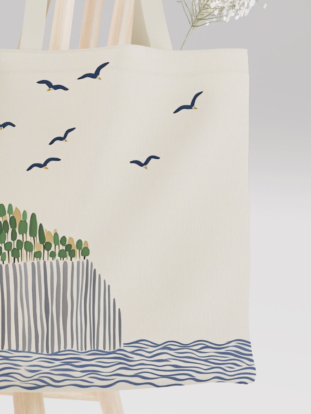 Coastal Cliff and Birds Tote Bag, Nature - Inspired Canvas Tote - Canvas Carry Tote Bag (Angle 3) | ttoo art