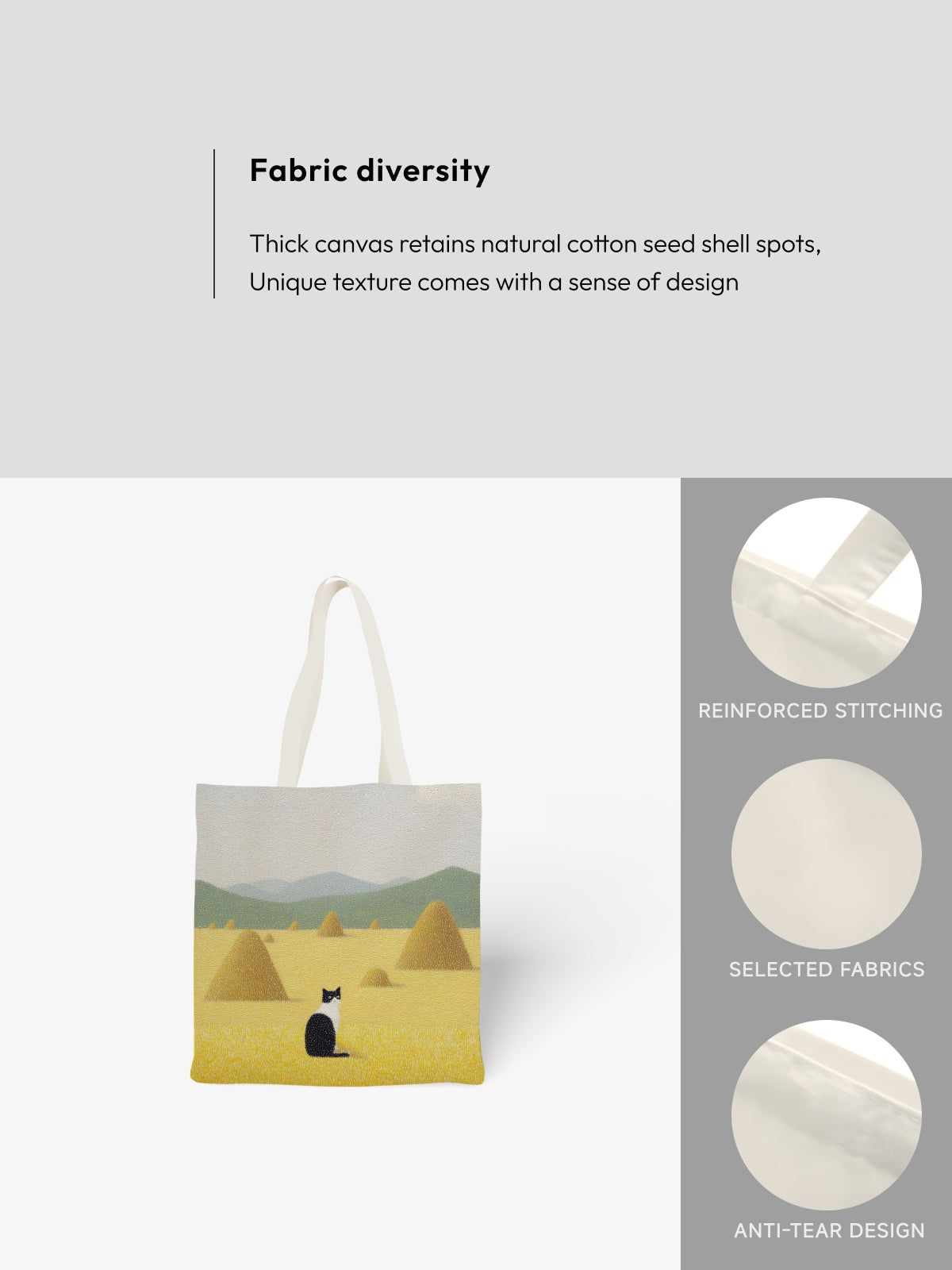 Cat in Field Tote Bag, Countryside - Inspired Canvas Tote - Canvas Carry Tote Bag (Angle 5) | ttoo art