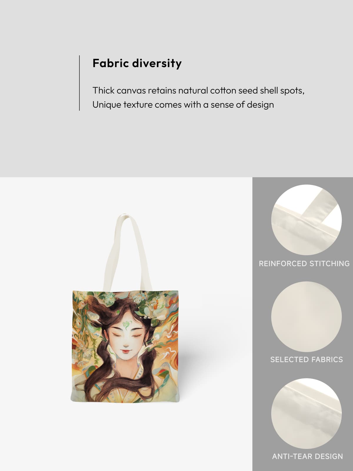 Artistic Woman Portrait Canvas Tote Bag, Boho - Style Floral Girl Shoulder Bag for Daily Use - Canvas Carry Tote Bag (Angle 5) | ttoo art