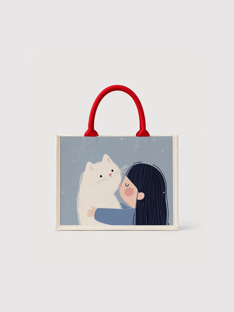 Little white cat jumps into the girl's arms (1) Canvas Bag - Canvas Carry Tote Bag | ttoo art