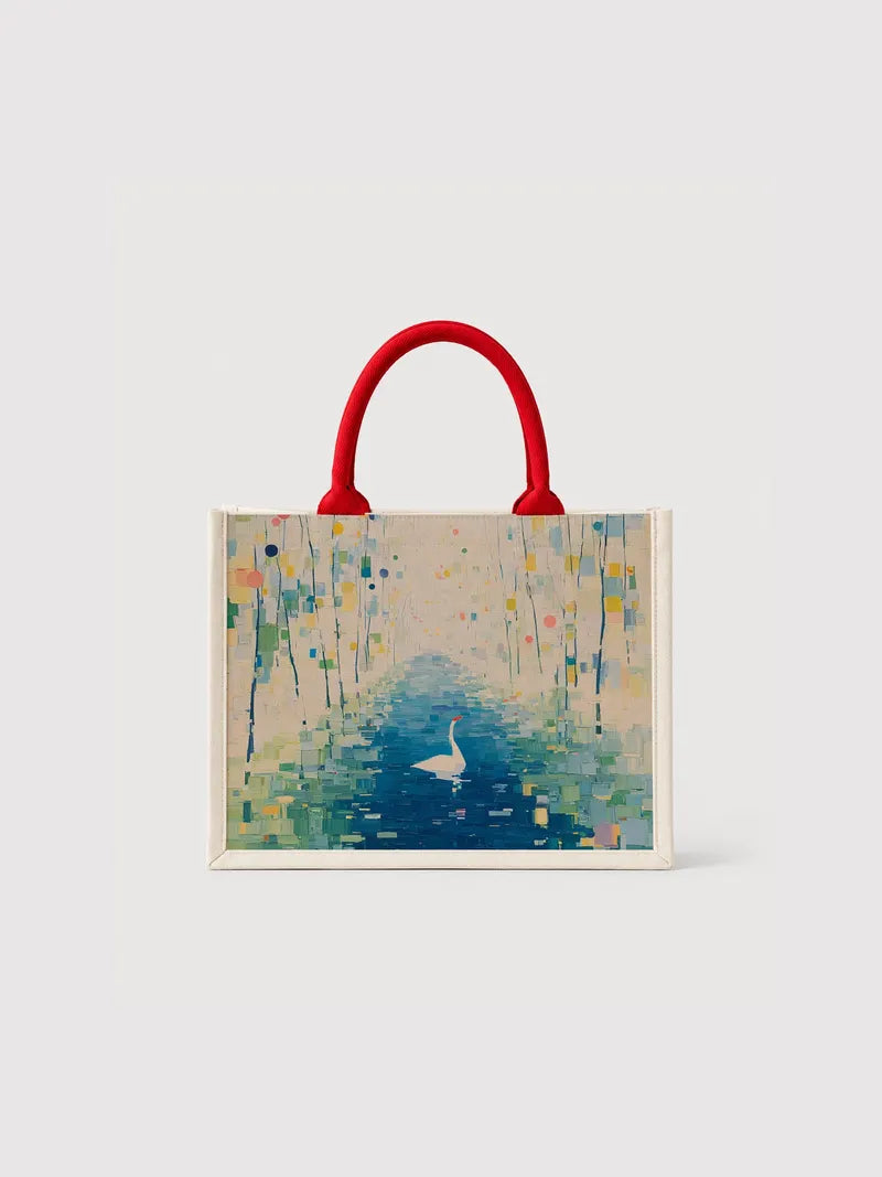 White Swan in Abstract River Canvas Bag