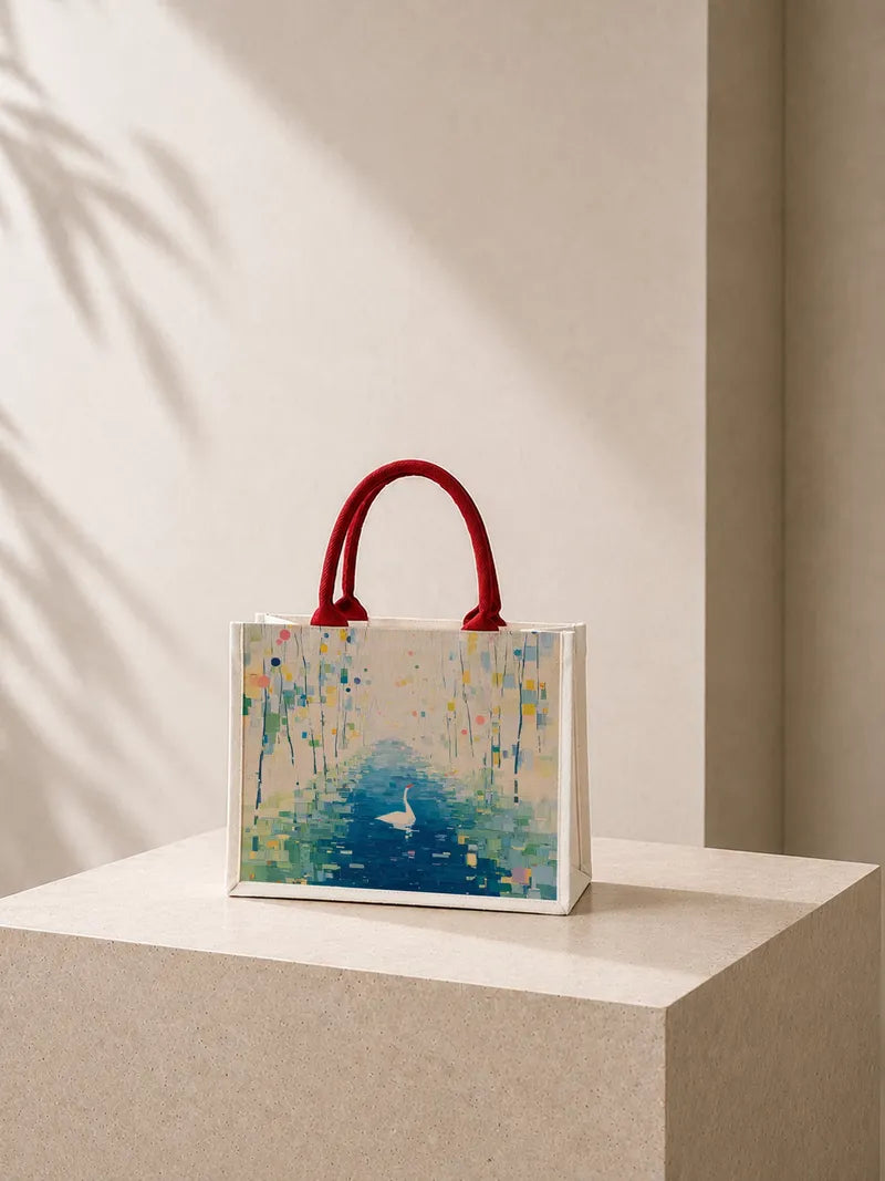 White Swan in Abstract River Canvas Bag
