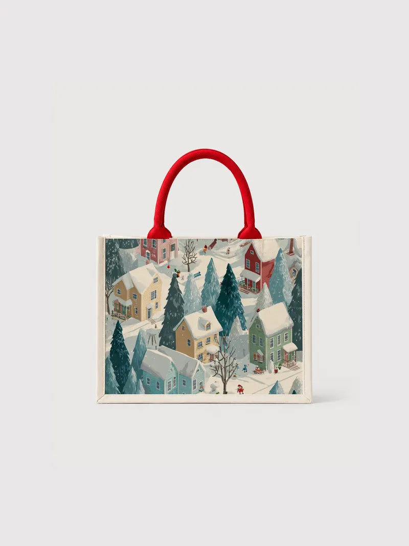 Winter Village Illustration Canvas Bag