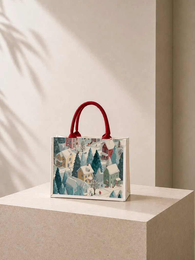 Winter Village Illustration Canvas Bag