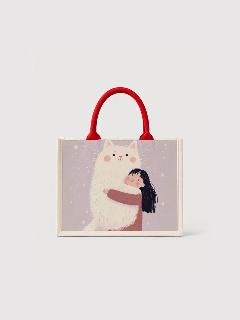 Little white cat jumps into the girl's arms (2) Canvas Bag
