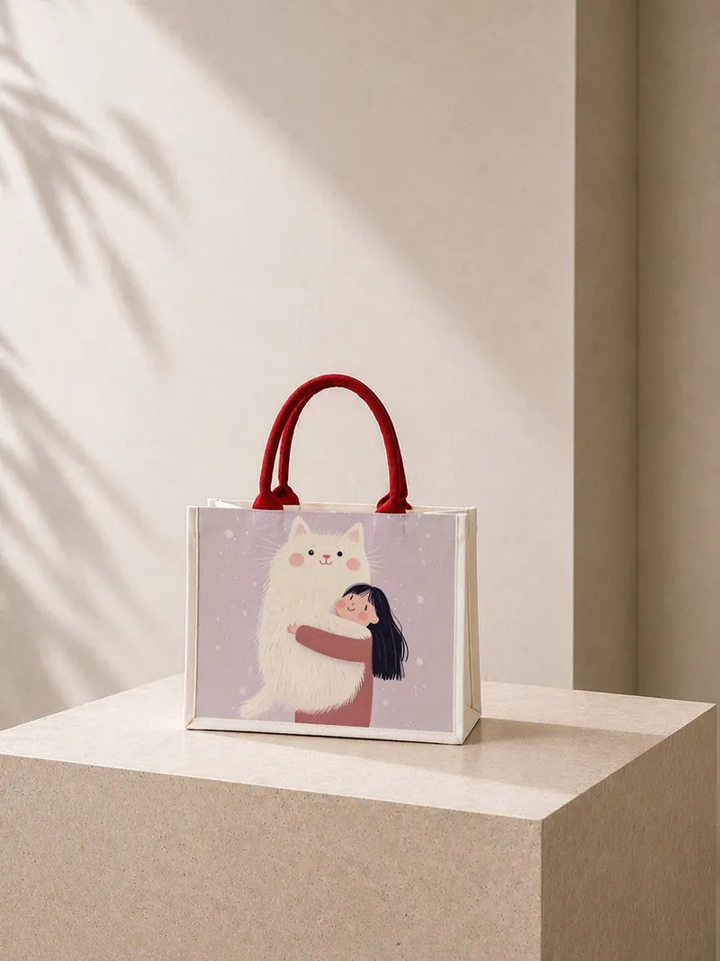 Little white cat jumps into the girl's arms (2) Canvas Bag
