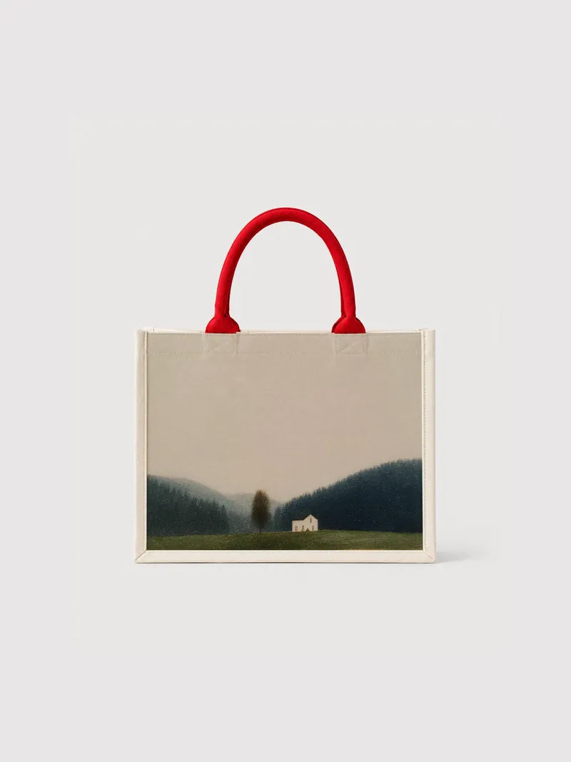 Misty Lakeside Cabin Reflection Canvas Bag