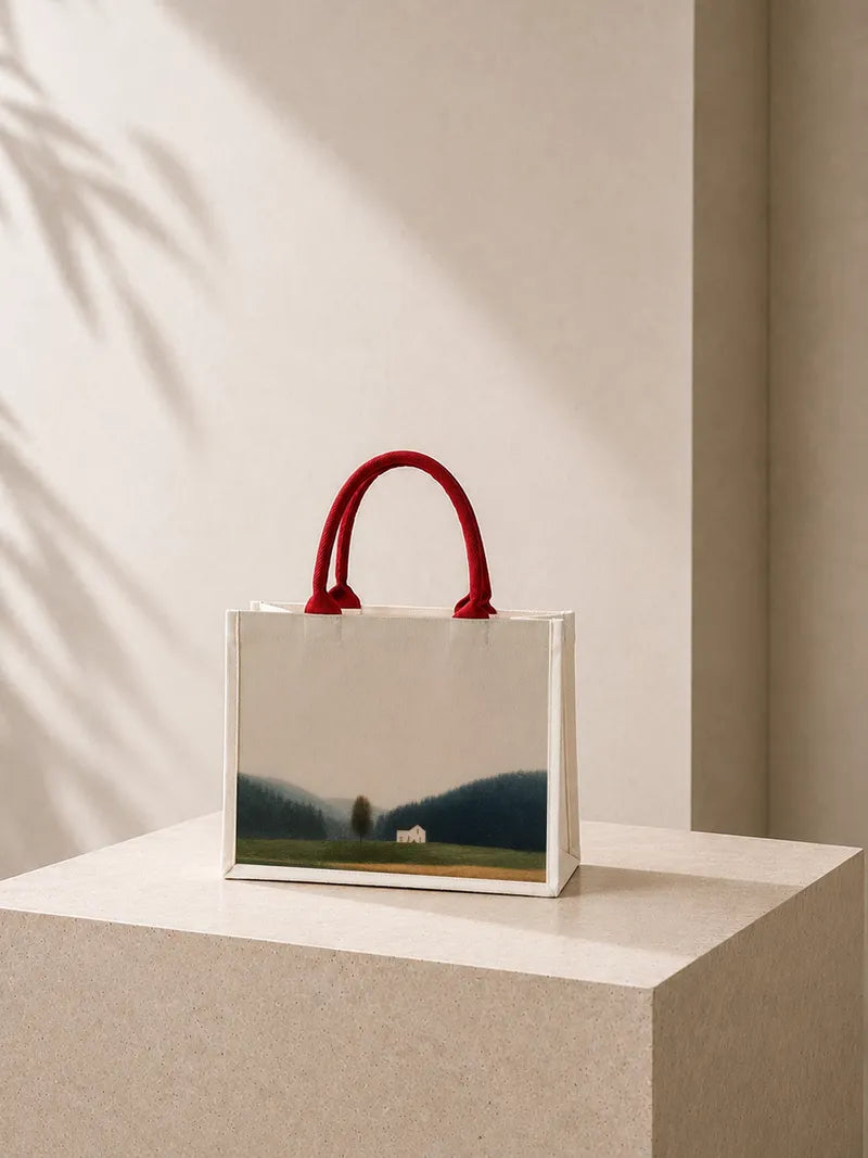 Misty Lakeside Cabin Reflection Canvas Bag