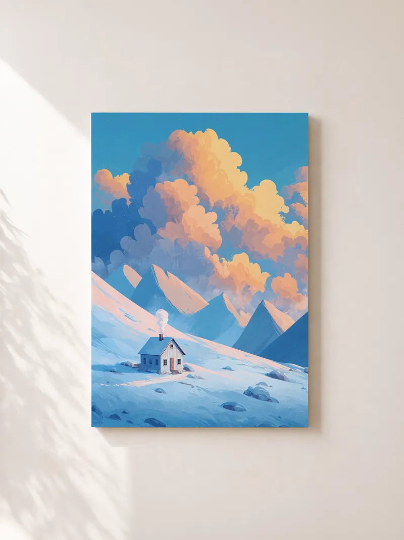 Snowbound Cabin & Golden Clouds Wall Art