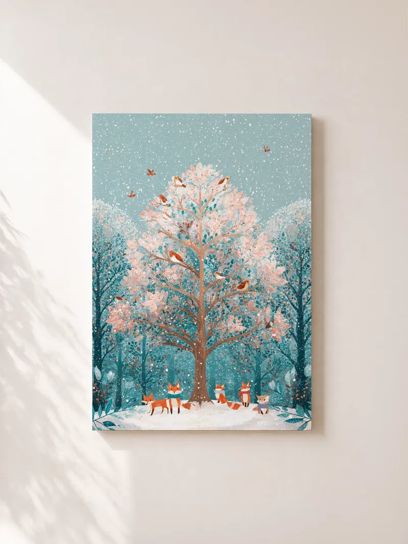 Winter Foxes in Cherry Tree Wall Art