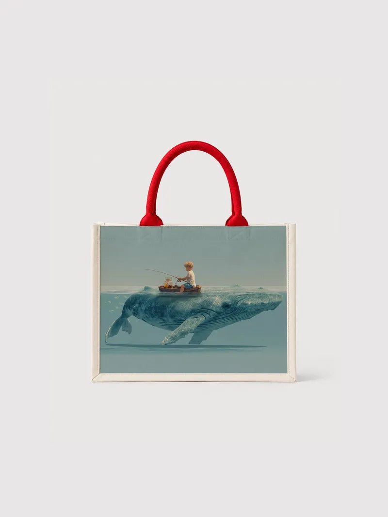 Boy Fishing on Giant Whale Canvas Bag
