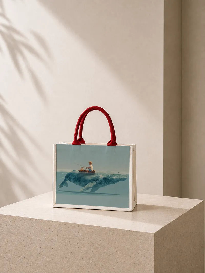 Boy Fishing on Giant Whale Canvas Bag