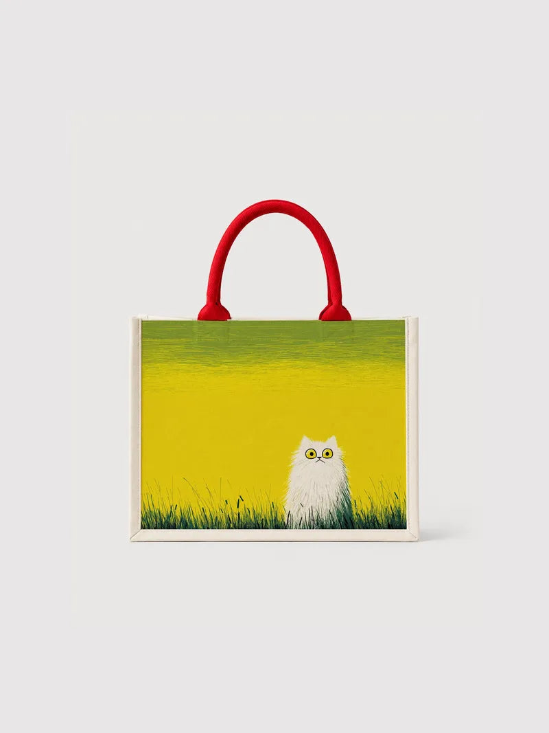 Whimsical Cat in Grass Canvas Bag