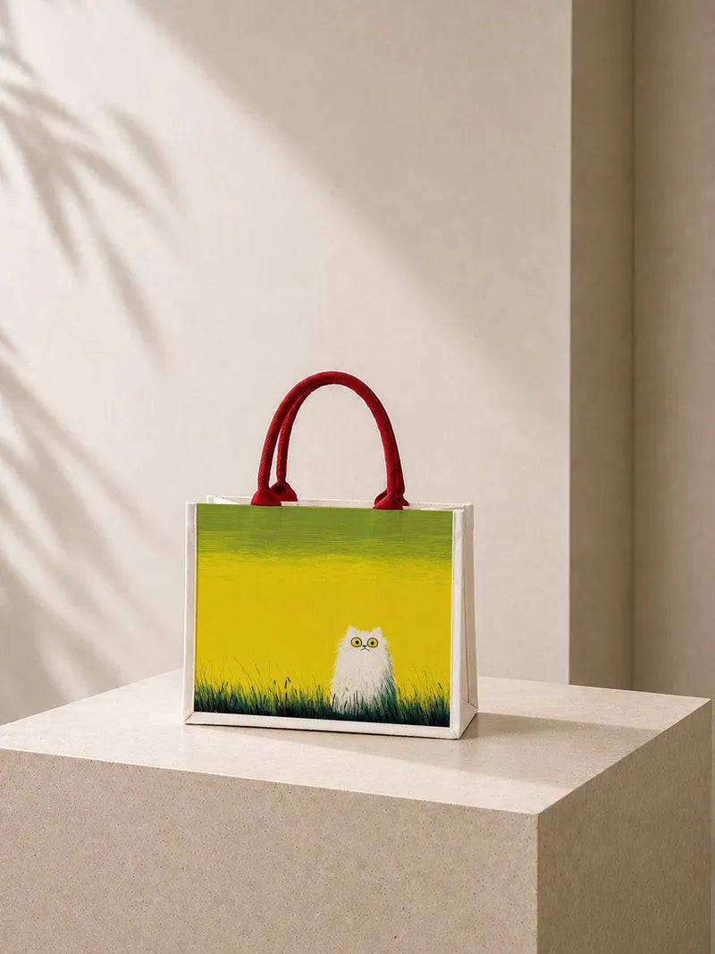 Whimsical Cat in Grass Canvas Bag