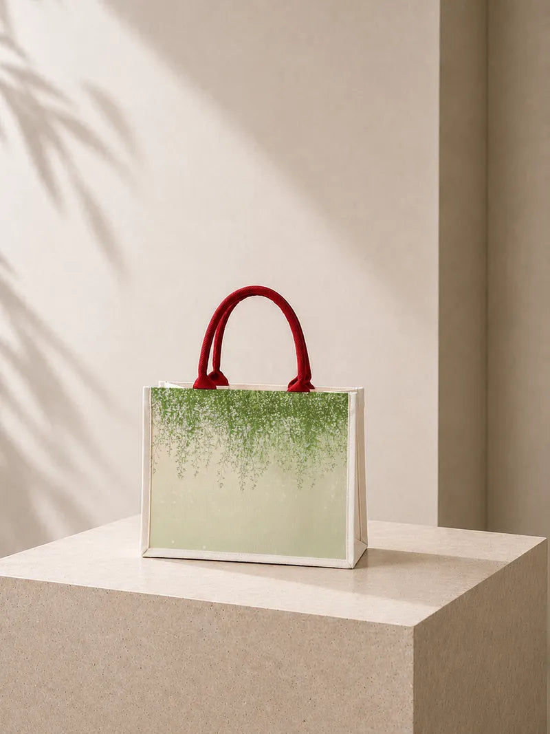 786| Green rattan and white flower Canvas Bag