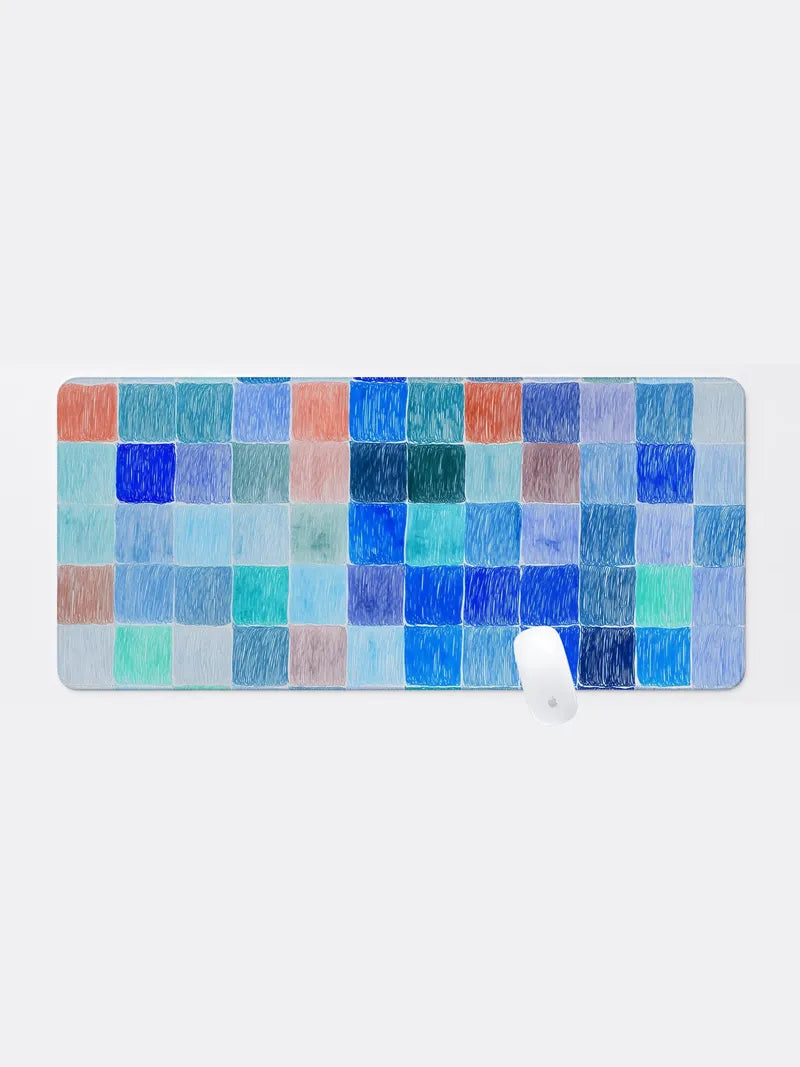 Woven Blue and Coral Tiles Rubber Mouse Pad