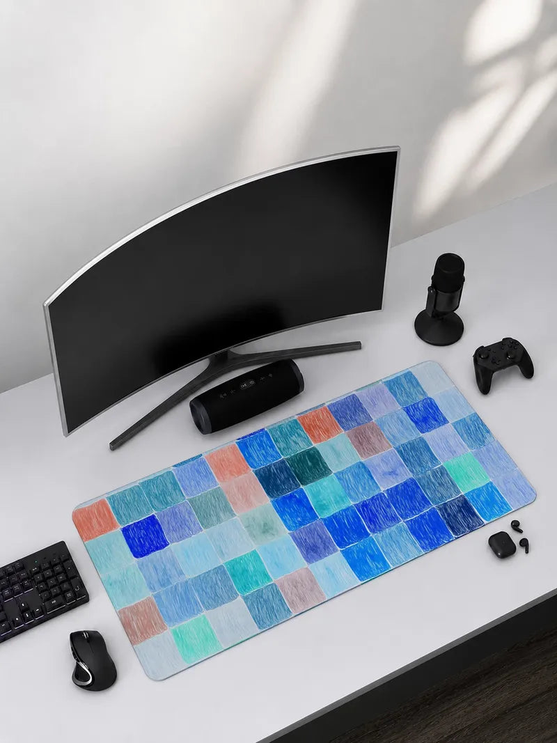 Woven Blue and Coral Tiles Rubber Mouse Pad