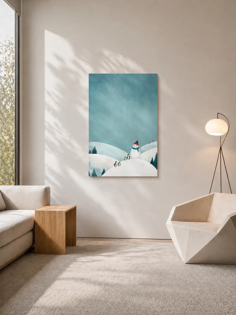 Snowman and Penguins Winter Scene Wall Art