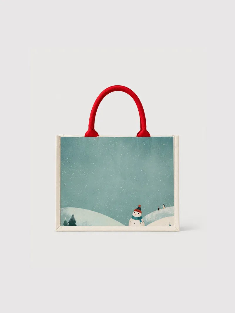 Snowman and Penguins Winter Scene Canvas Bag