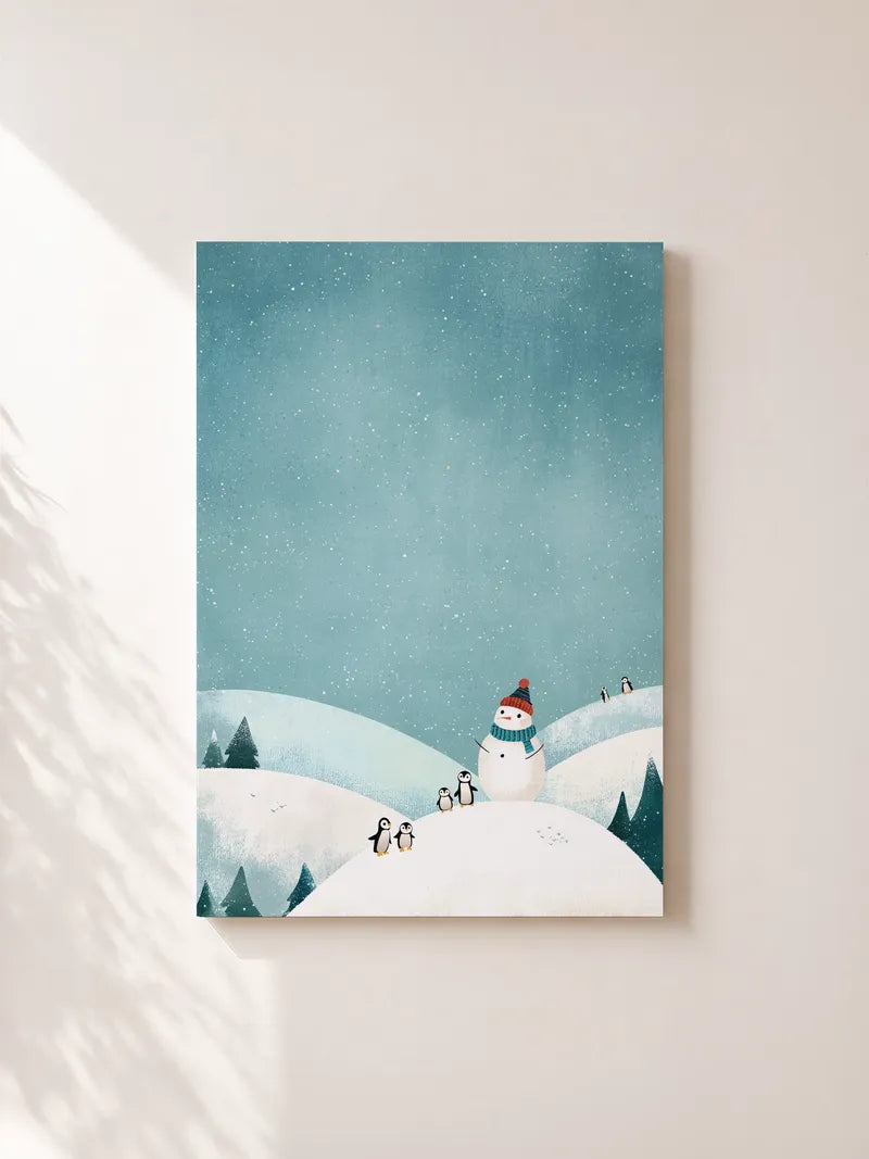 Snowman and Penguins Winter Scene Wall Art