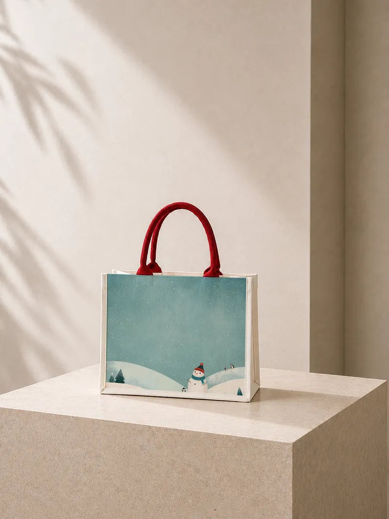 Snowman and Penguins Winter Scene Canvas Bag